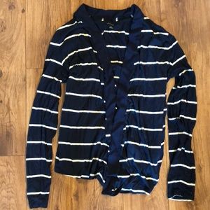 Ann Taylor Open Front Striped Navy Cardigan